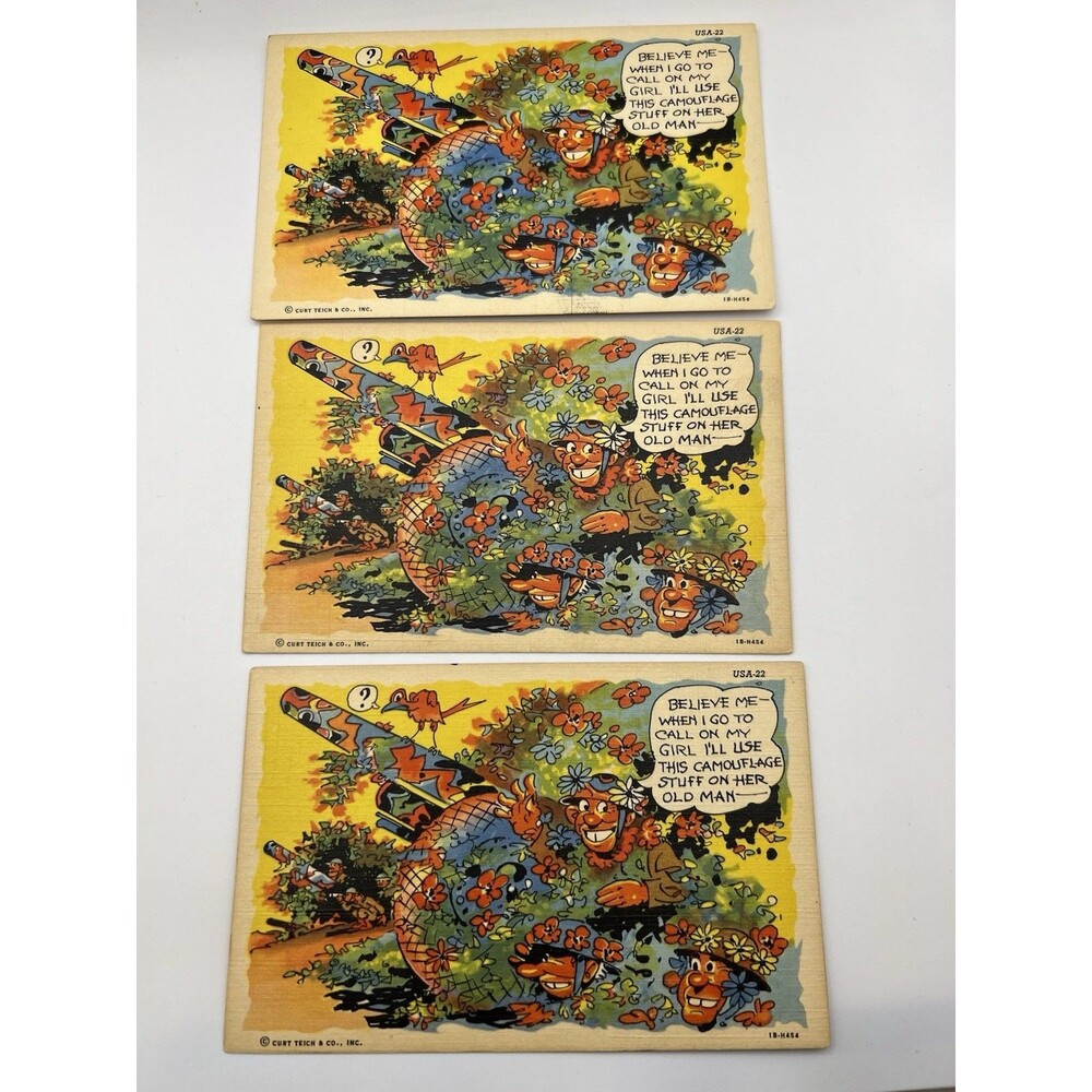 WWII Era Army Comics Postcard Soldiers & Flowers Humor 1940s Color Lot Of 3